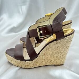 Michael Kors Giovanna Brown Leather Platform Espadrille Wedge Sandals Size 8